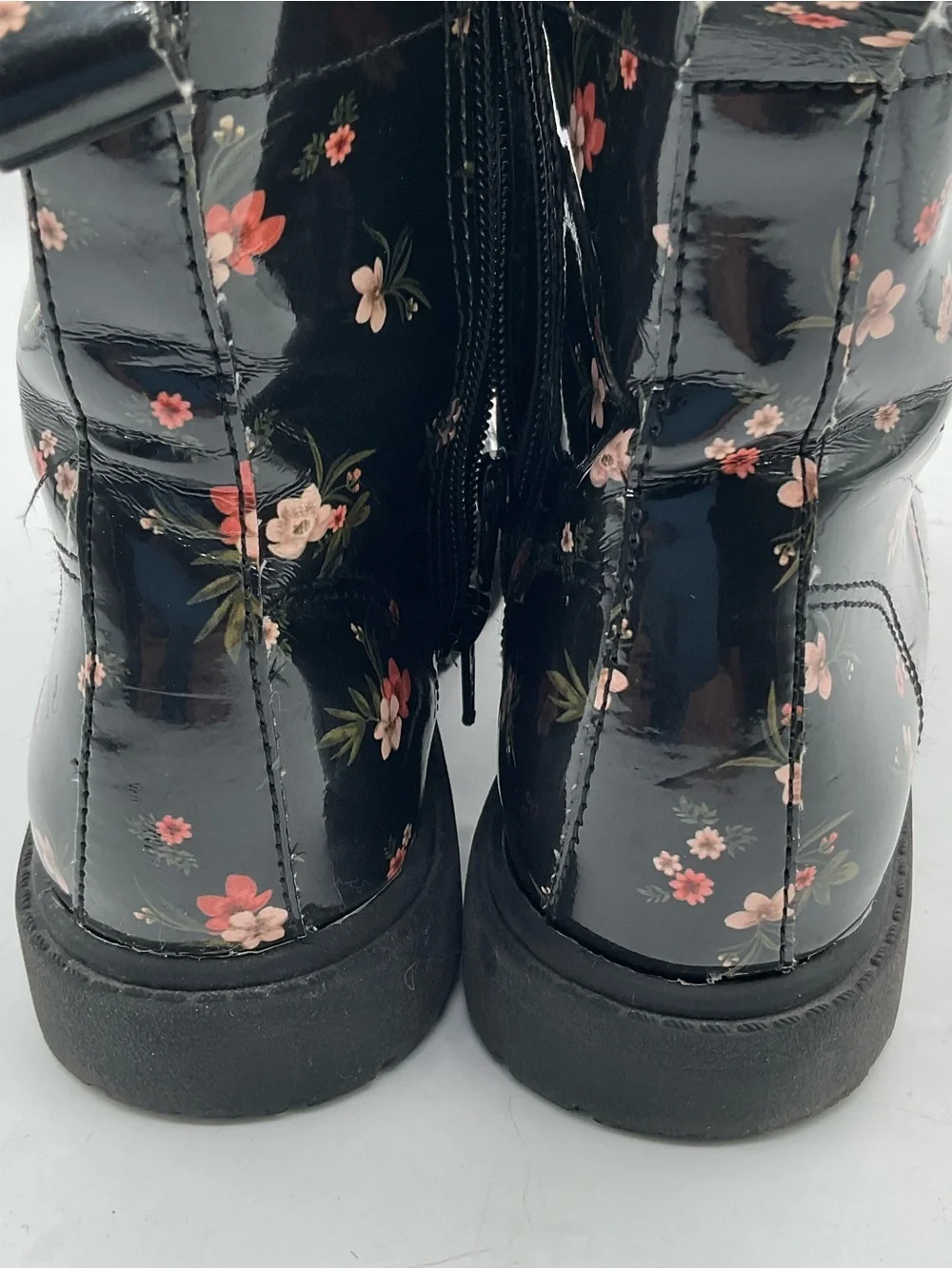 H&M Floral Patent Combat Boots Size 4 Black Lace Up Side Zip